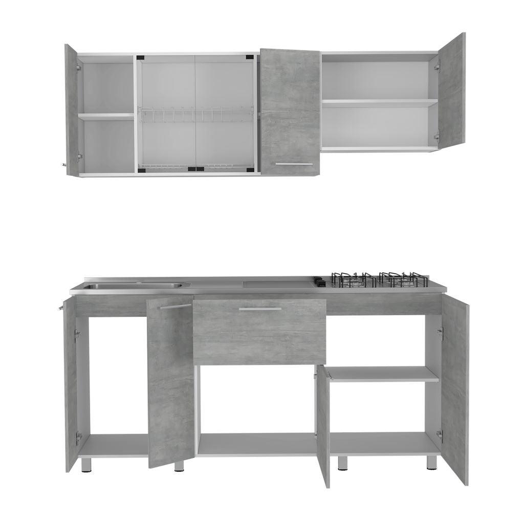 COCINA INTEGRAL LINAR, CEMENTO Y BLANCO, INCLUYE MESÓN IZQUIERDO EN ACERO INOXIDABLE