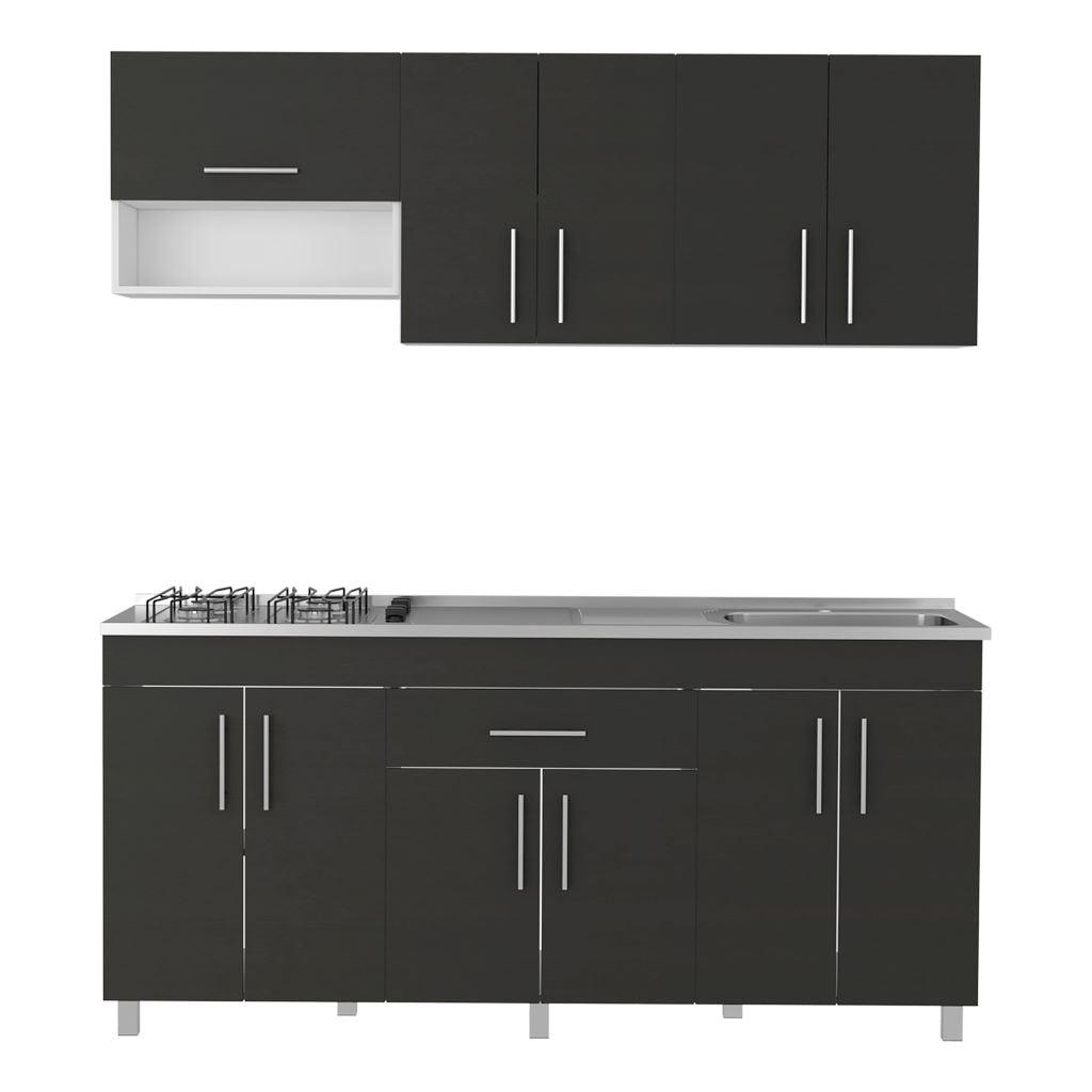 COCINA INTEGRAL CARSON, WENGUE Y BLANCO, INCLUYE MESÓN DERECHO EN ACERO INOXIDABLE