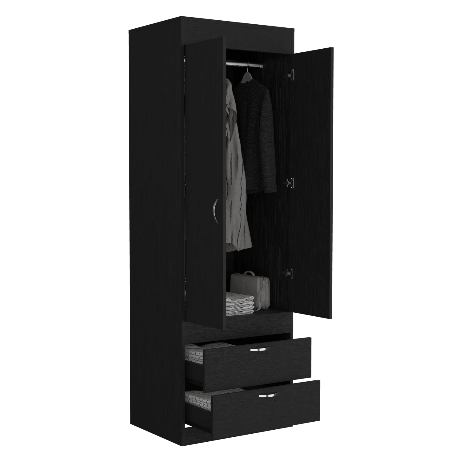 CLOSET AGATA, WENGUE, CON DOS CAJONES Y TUBO CROMADO PARA COLGAR ROPA ZF