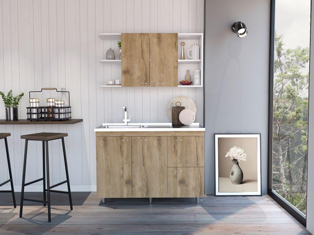 COCINA INTEGRAL GIOTTO, MACADAMIA Y BLANCO, INCLUYE MESÓN IZQUIERDO LISO HC