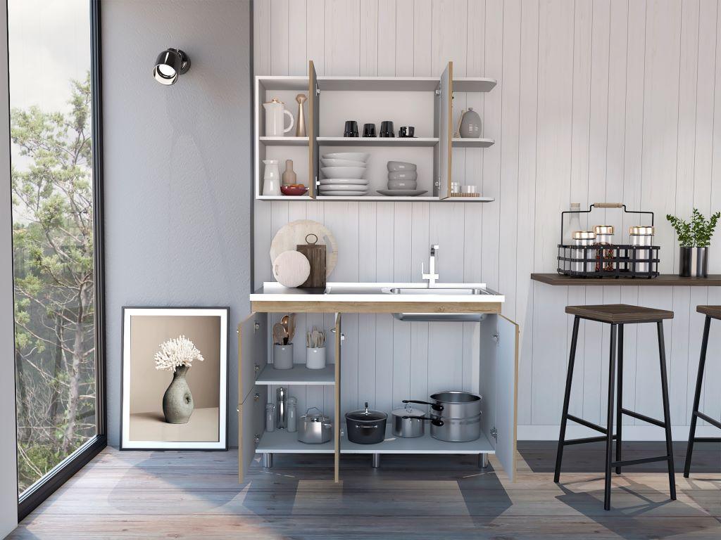 COCINA INTEGRAL GIOTTO, BLANCO Y MACADAMIA, INCLUYE MESÓN DERECHO LISO HC