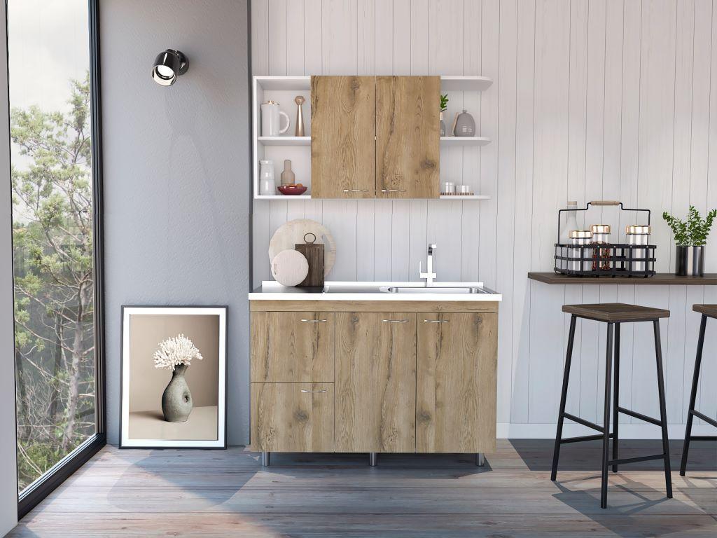 COCINA INTEGRAL GIOTTO, BLANCO Y MACADAMIA, INCLUYE MESÓN DERECHO LISO HC