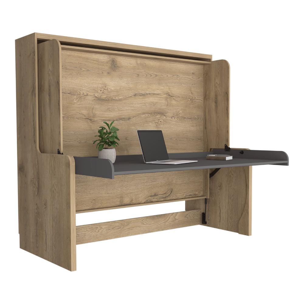 CAMA ESCRITORIO MULTIFUNCIONAL KENT, MACADAMIA Y PLATA OSCURO, DISEÑADO PARA AHORRAR ESPACIO