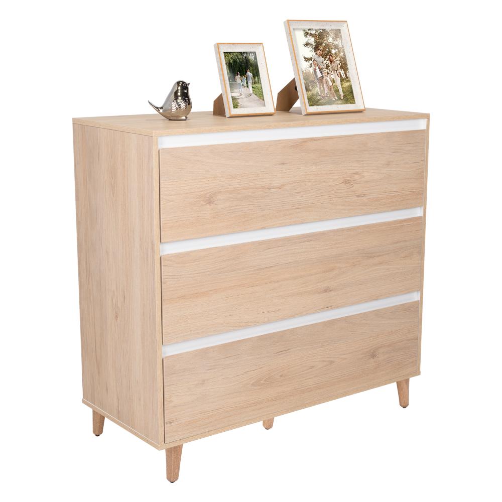 ORGANIZADOR DURHAM, BEIGE Y BLANCO, CON TRES CAJONES AMPLIOS Y PATAS EN MADERA