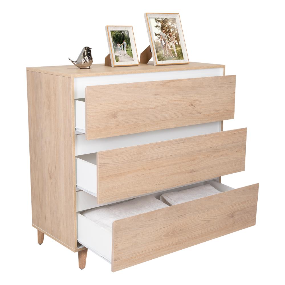 ORGANIZADOR DURHAM, BEIGE Y BLANCO, CON TRES CAJONES AMPLIOS Y PATAS EN MADERA
