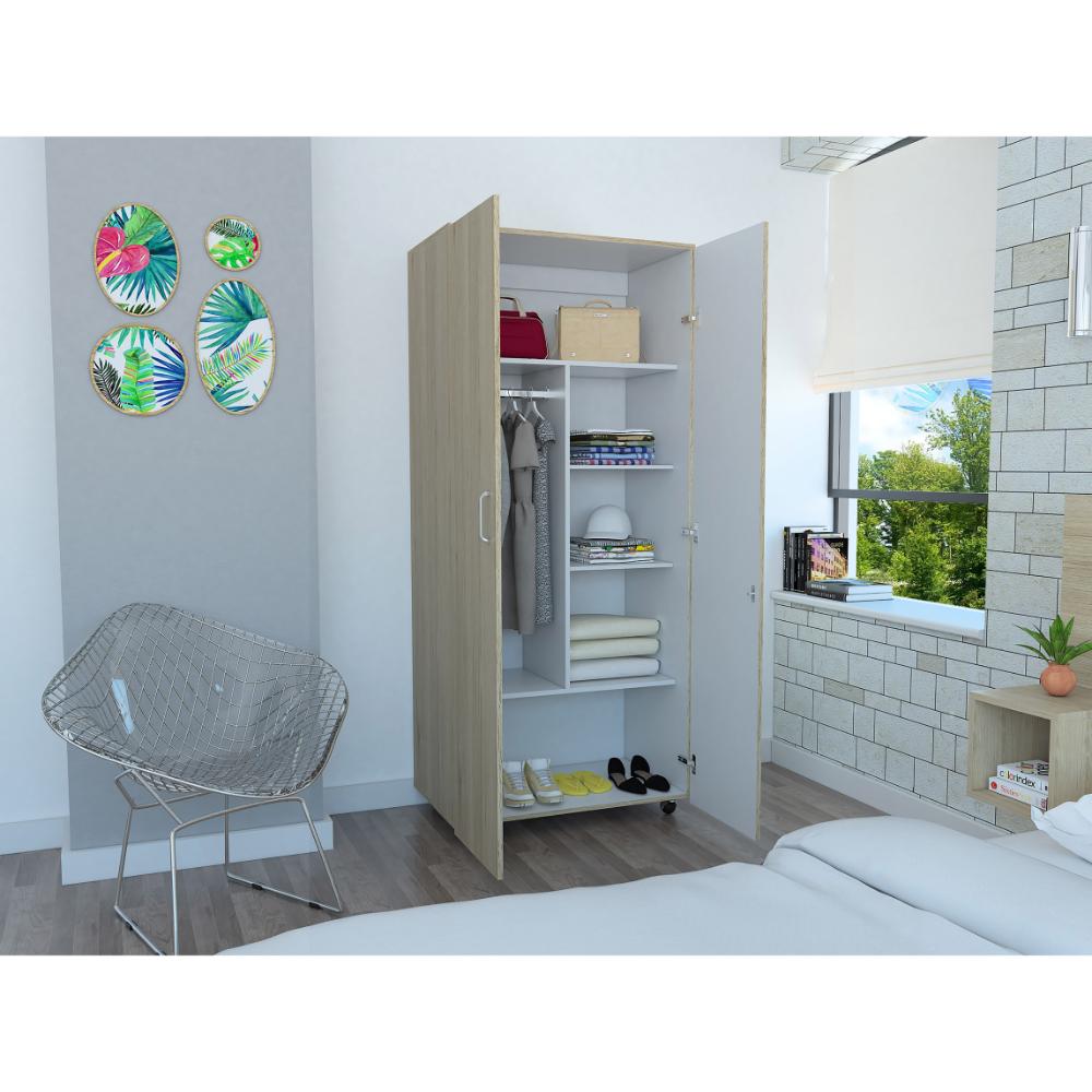 CLOSET IKER, BEIGE Y BLANCO, CON MALETERO Y RODACHINAS PARA SU FÁCIL DESPLAZAMIENTO