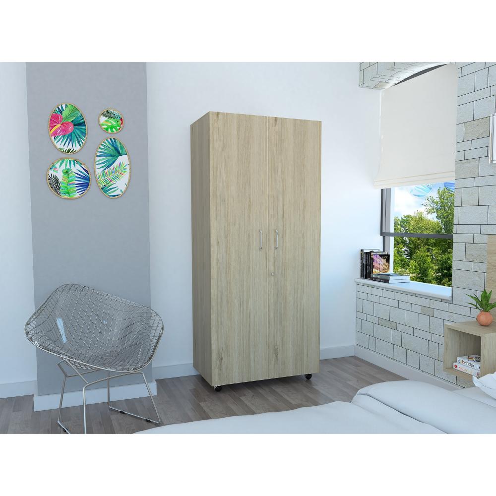 CLOSET IKER, BEIGE Y BLANCO, CON MALETERO Y RODACHINAS PARA SU FÁCIL DESPLAZAMIENTO
