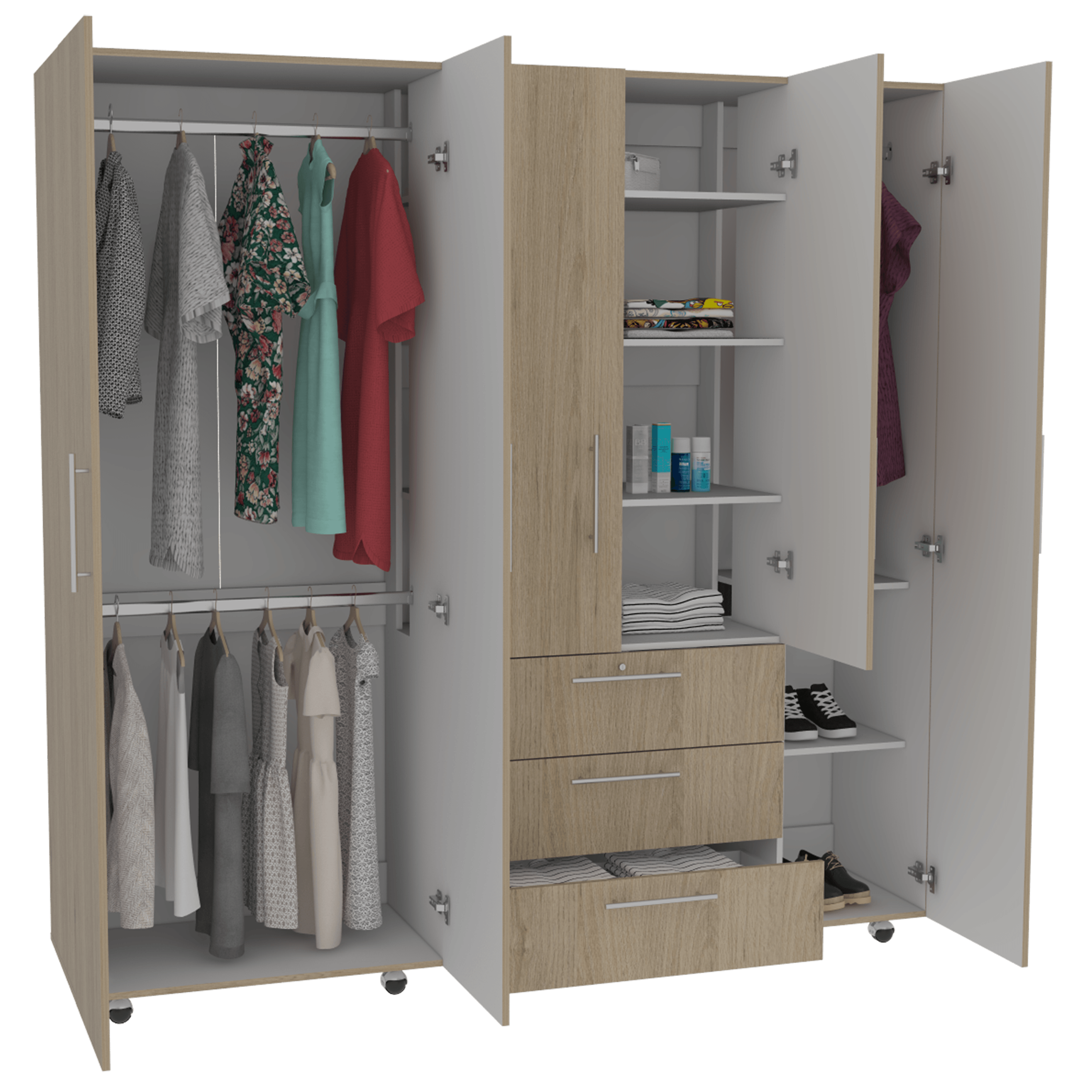 CLOSET MONTREAL, BEIGE Y BLANCO, CON TRES CAJONES ORGANIZADORES Y TRES TUBOS CROMADOS