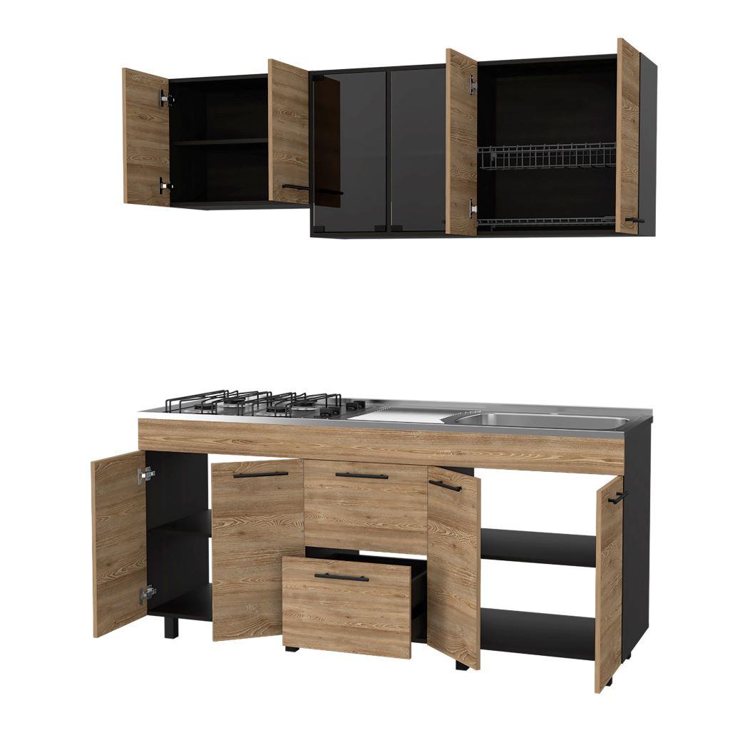 COCINA INTEGRAL PRADA, WENGUE Y MIEL, INCLUYE MESÓN DERECHO EN ACERO INOXIDABLE