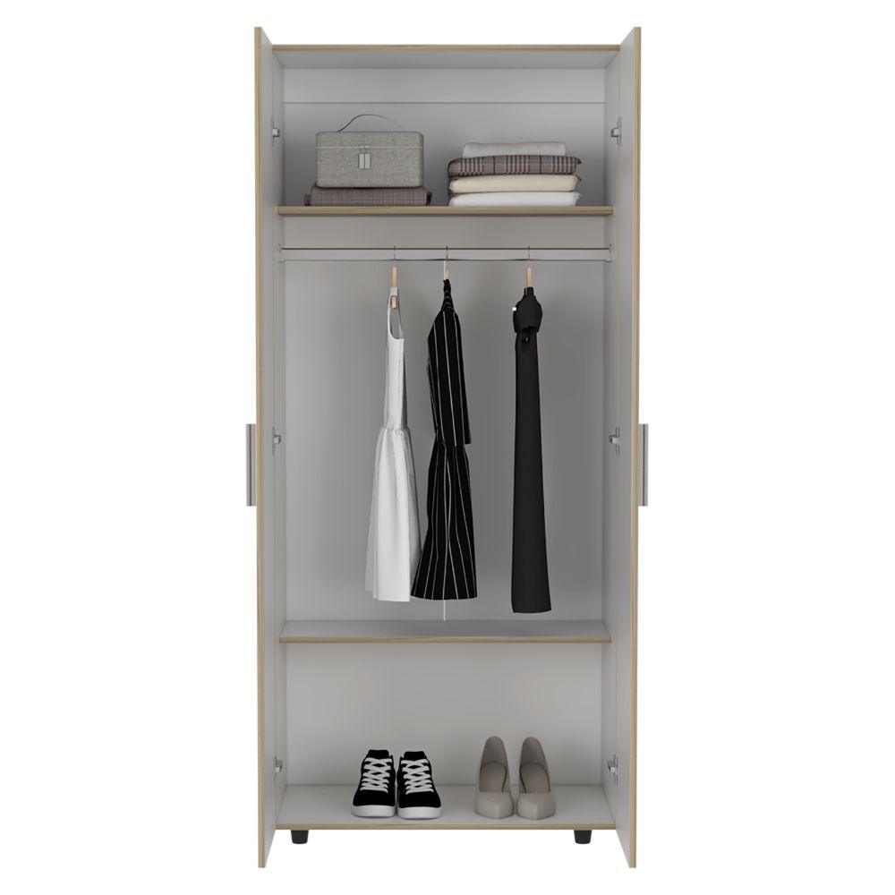 CLOSET CARLOTA, CAFÉ CLARO Y BLANCO, CON UN TUBO CROMADO Y TRES ENTREPAÑOS