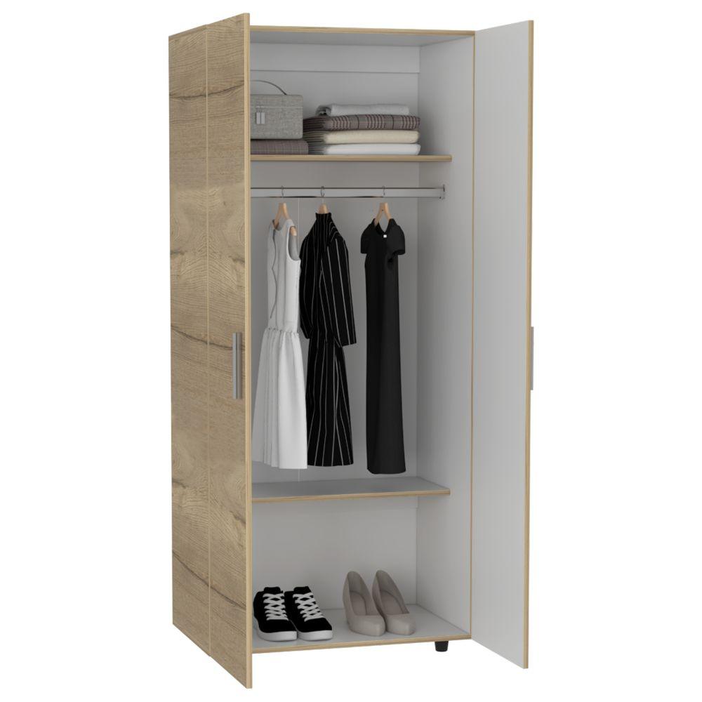 CLOSET CARLOTA, CAFÉ CLARO Y BLANCO, CON UN TUBO CROMADO Y TRES ENTREPAÑOS