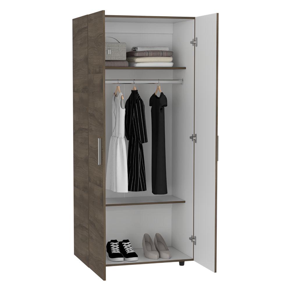 CLOSET CARLOTA, NOGAL Y BLANCO, CON UN TUBO CROMADO Y TRES ENTREPAÑOS