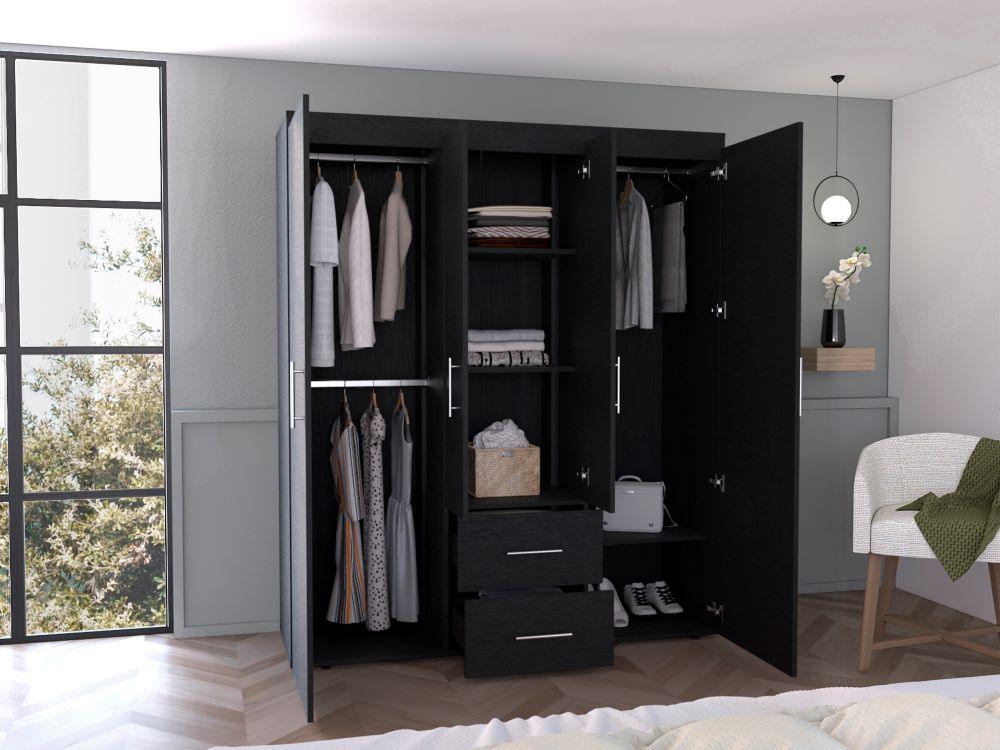 CLOSET BARILOCHE BOMBAY ECO, WENGUE, CON VARIEDAD DE ENTREPAÑOS Y CUATRO PUERTAS ABATIBLES