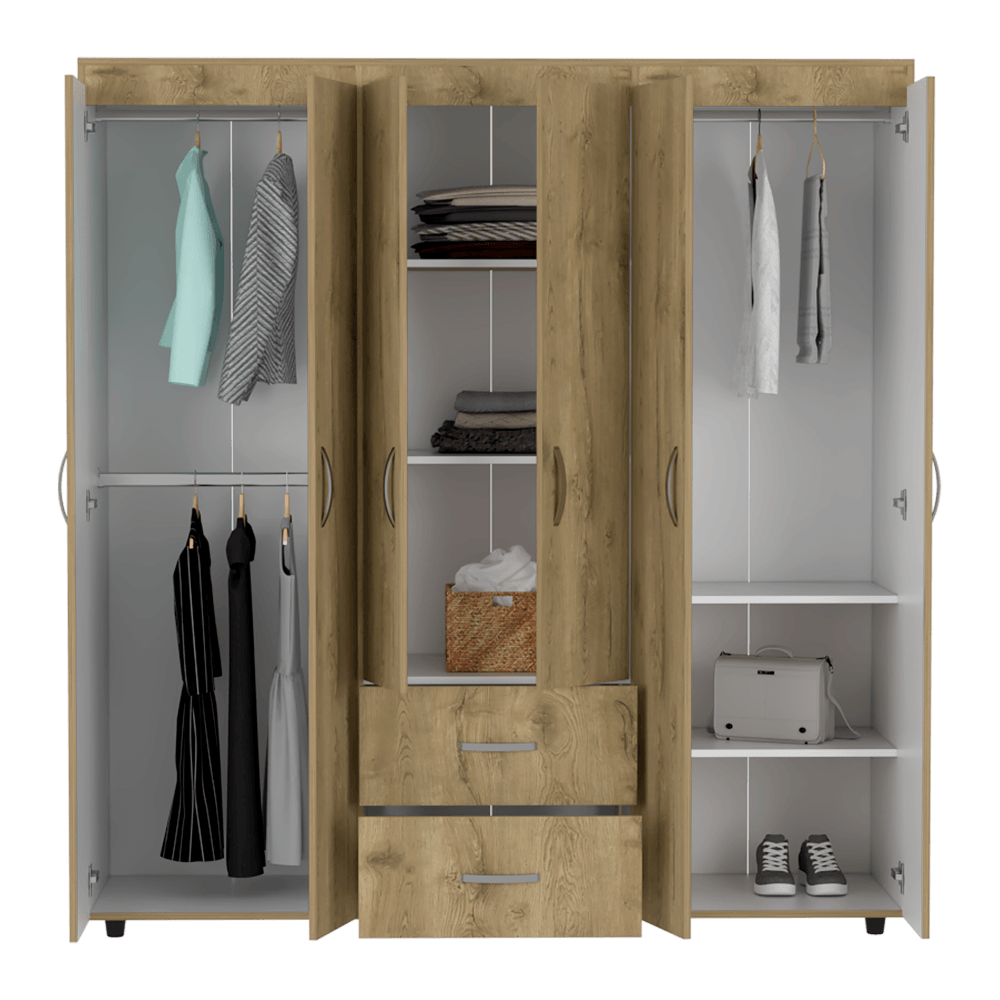 CLOSET BARILOCHE BOMBAY, MACADAMIA Y BLANCO, VARIEDAD DE ENTREPAÑOS Y SEIS PUERTAS ABATIBLES