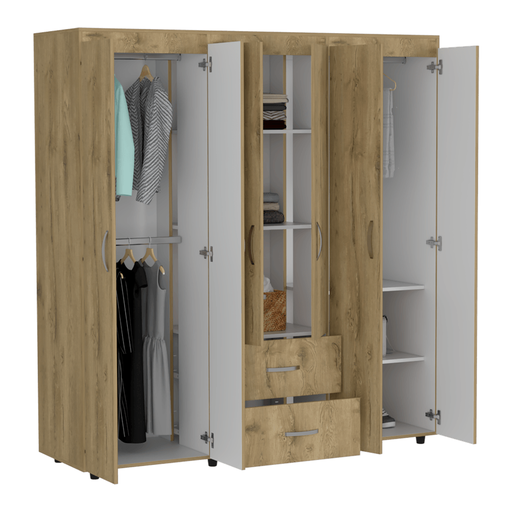 CLOSET BARILOCHE BOMBAY, MACADAMIA Y BLANCO, VARIEDAD DE ENTREPAÑOS Y SEIS PUERTAS ABATIBLES