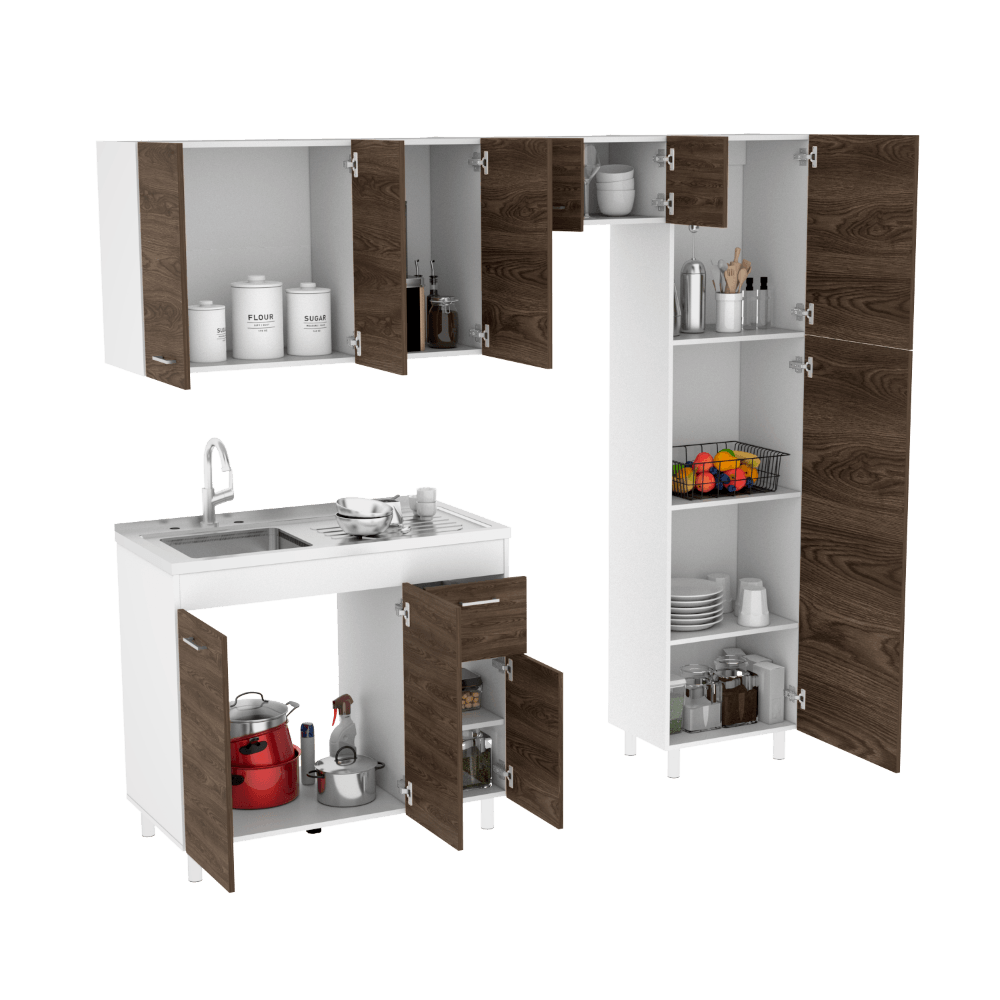 COCINA INTEGRAL MERCY, CHOCOLATE Y BLANCO, INCLUYE MESÓN CON POZUELO A LA IZQUIERDA