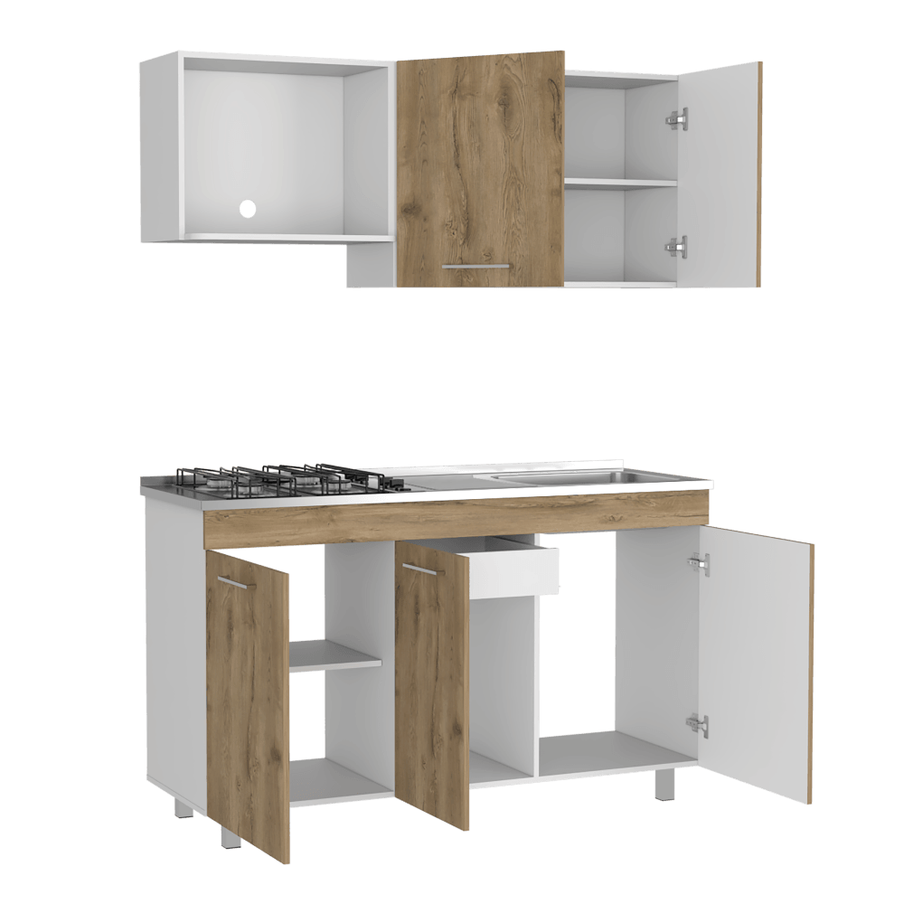 COCINA INTEGRAL DENEB, MACADAMIA Y BLANCO, INCLUYE MESÓN A LA DERECHA