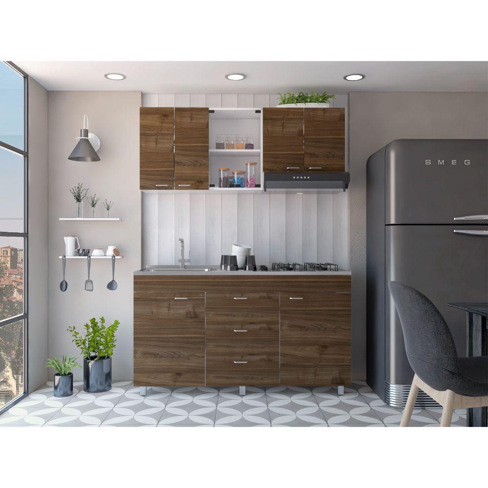 COCINA INTEGRAL LAUREL, CASTAÑO Y BLANCO, INCLUYE MESÓN IZQUIERDO EN ACERO INOXIDABLE Y CAMPANA