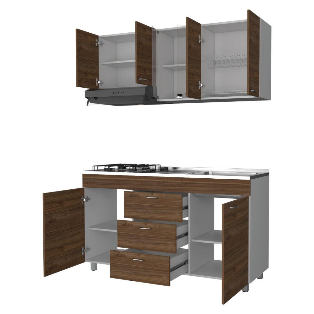 COCINA INTEGRAL LAUREL, CASTAÑO Y BLANCO, INCLUYE MESÓN DERECHO EN ACERO INOXIDABLE Y CAMPANA