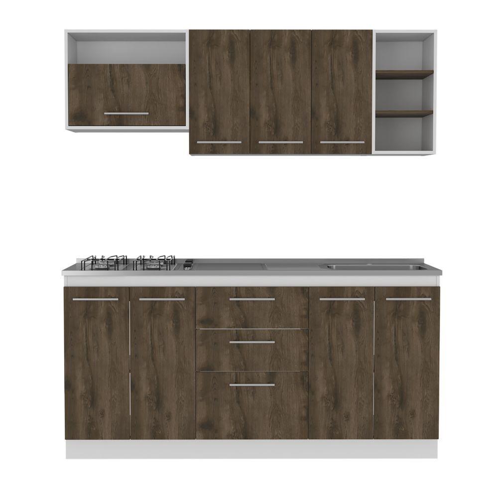 COCINA INTEGRAL OSAKA, NOGAL Y BLANCO, INCLUYE MESÓN DERECHO EN ACERO INOXIDABLE