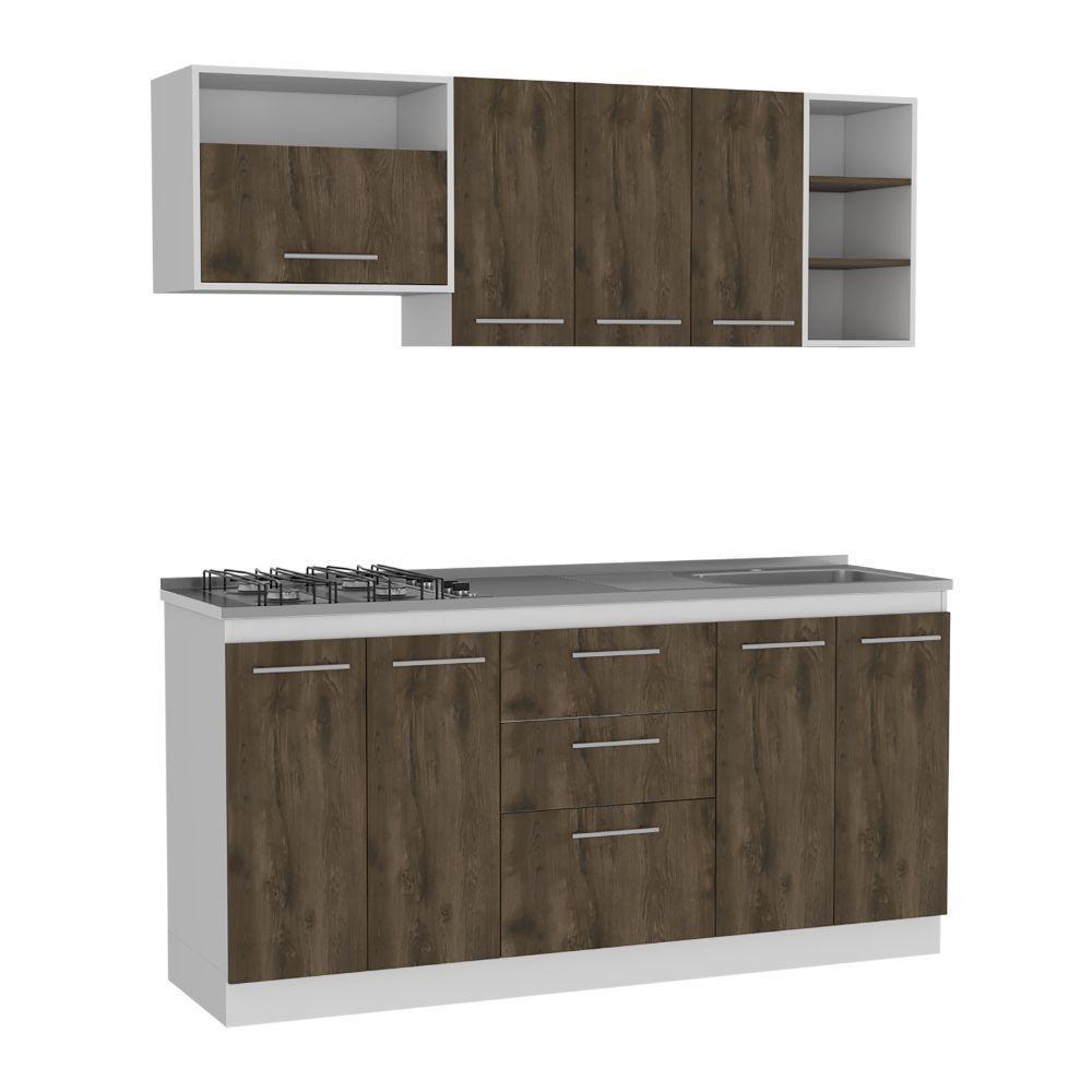 COCINA INTEGRAL OSAKA, NOGAL Y BLANCO, INCLUYE MESÓN DERECHO EN ACERO INOXIDABLE