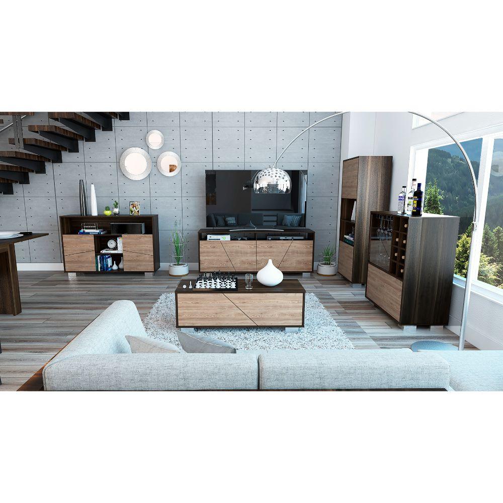 COMBO MULTIFUNCIONAL LIA, MIEL Y WENGUE, INCLUYE MESA PARA TV, BIBLIOTECA, BAR, RECIBIDOR Y MESA DE CENTRO
