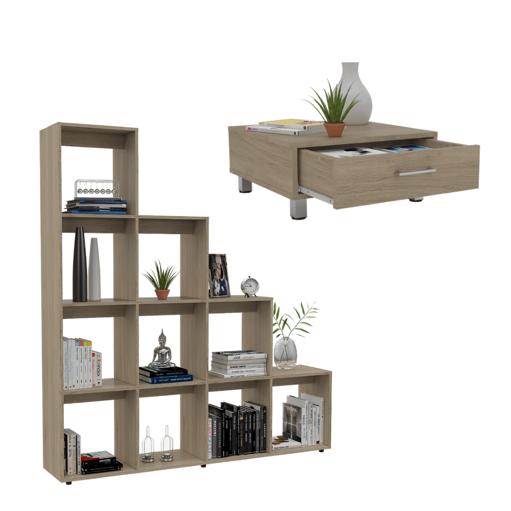 COMBO PARA SALA KYOTO, INCLUYE BIBLIOTECA ESCALERA Y MESA DE CENTRO