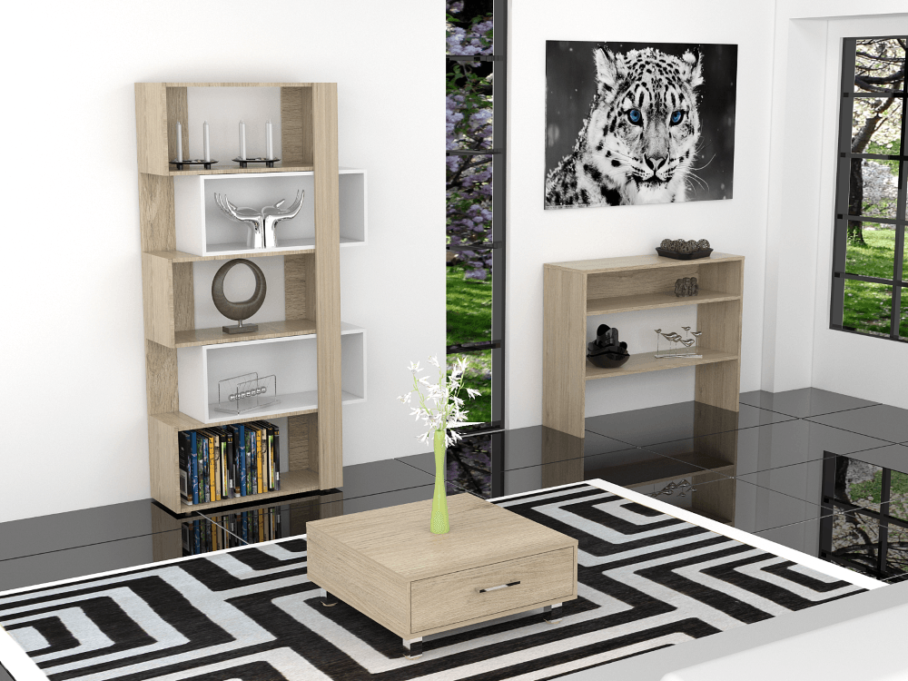 COMBO PARA SALA SAUCE, INCLUYE BIBLIOTECA CUBO, MESA AUXILIAR Y MESA DE CENTRO