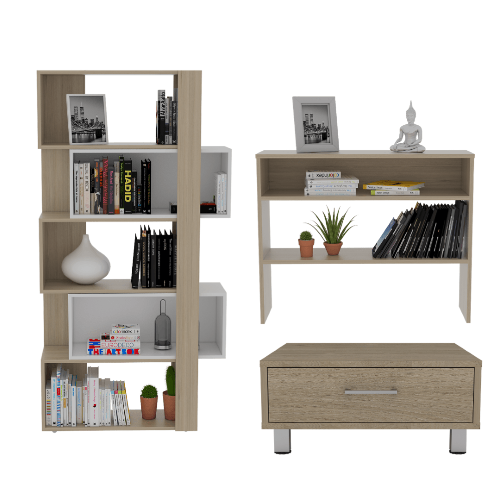 COMBO PARA SALA SAUCE, INCLUYE BIBLIOTECA CUBO, MESA AUXILIAR Y MESA DE CENTRO