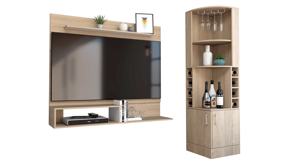 COMBO PARA SALA SALERMO, INCLUYE BAR ESQUINERO Y PANEL TV