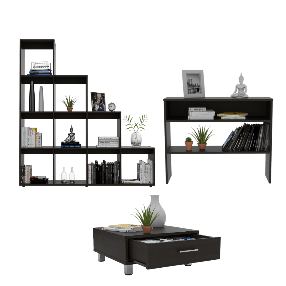 COMBO PARA SALA MOROCCO, INCLUYE BIBLIOTECA ESCALERA, MESA AUXILIAR Y MESA DE CENTRO