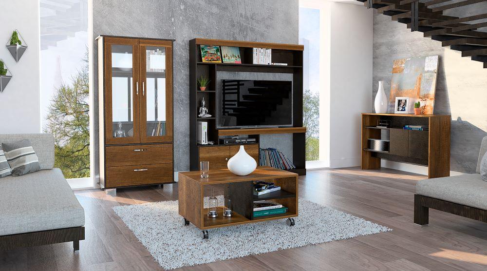 COMBO PARA SALA LETO, INCLUYE MESA PARA TV, VITRINA, MESA AUXILIAR Y MESA DE CENTRO