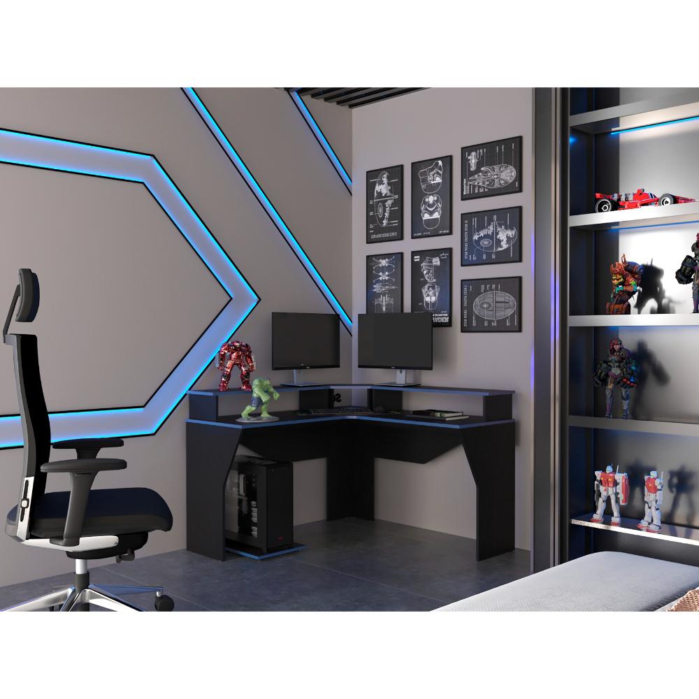 ESCRITORIO GAMER INVICTOR, WENGUE Y AZUL, CON ESPACIO ADICIONAL PARA PANTALLAS