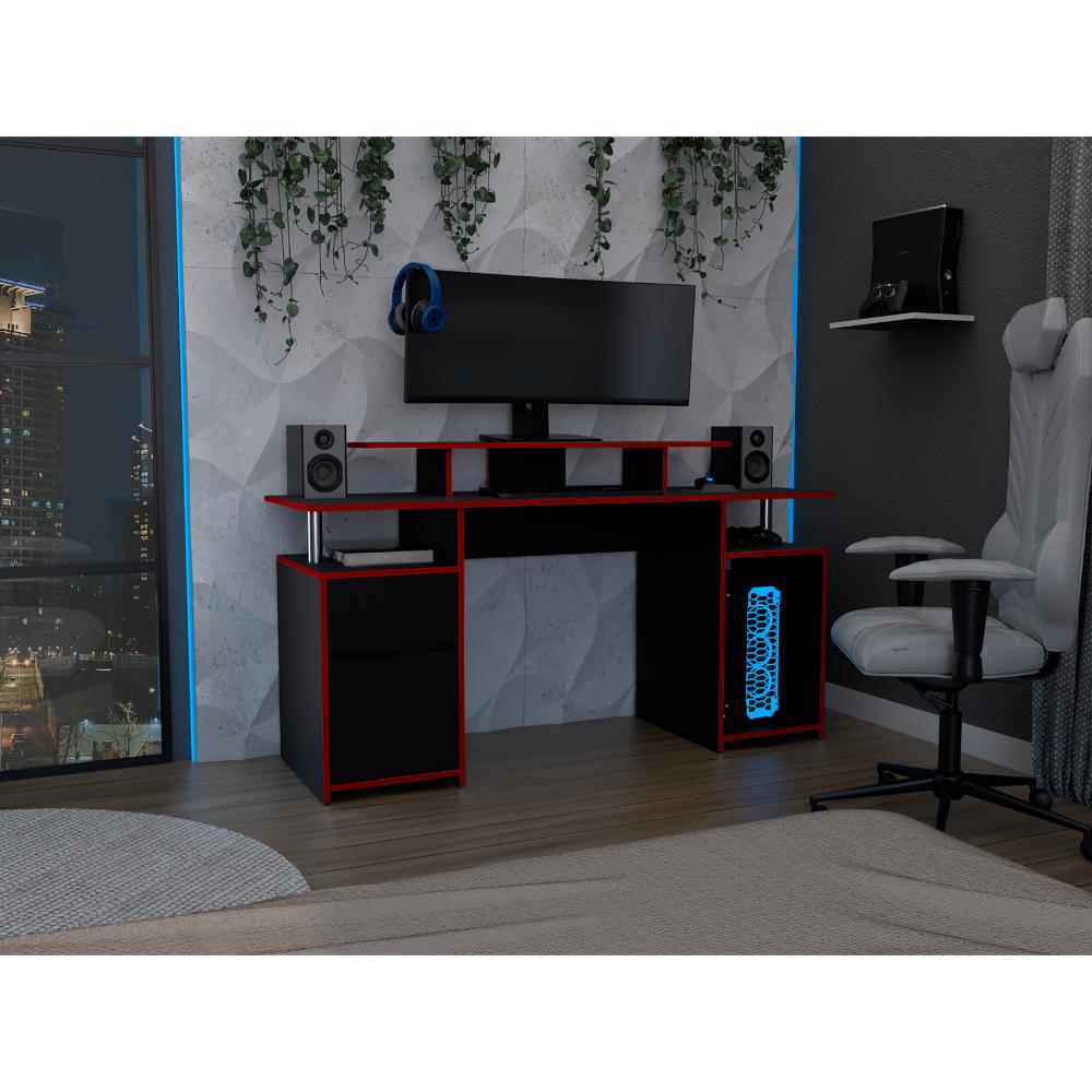 ESCRITORIO GAMER KEIN 2, WENGUE Y ROJO, CON ESPACIO ADICIONAL PARA PANTALLAS
