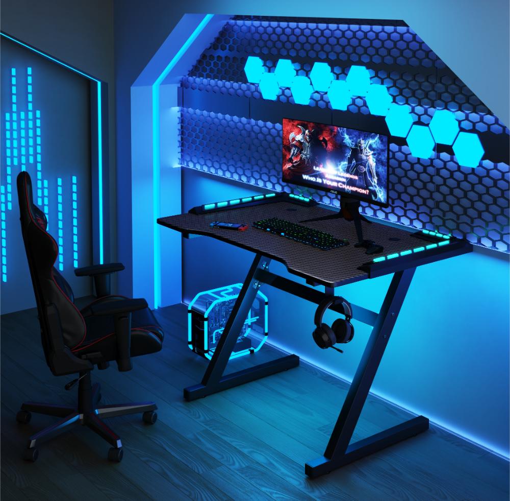 ESCRITORIO GAMER SILVER, NEGRO, ESTRUCTURA METALICA Y LUZ LED