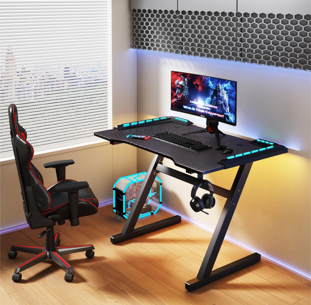 ESCRITORIO GAMER SILVER, NEGRO, ESTRUCTURA METALICA Y LUZ LED