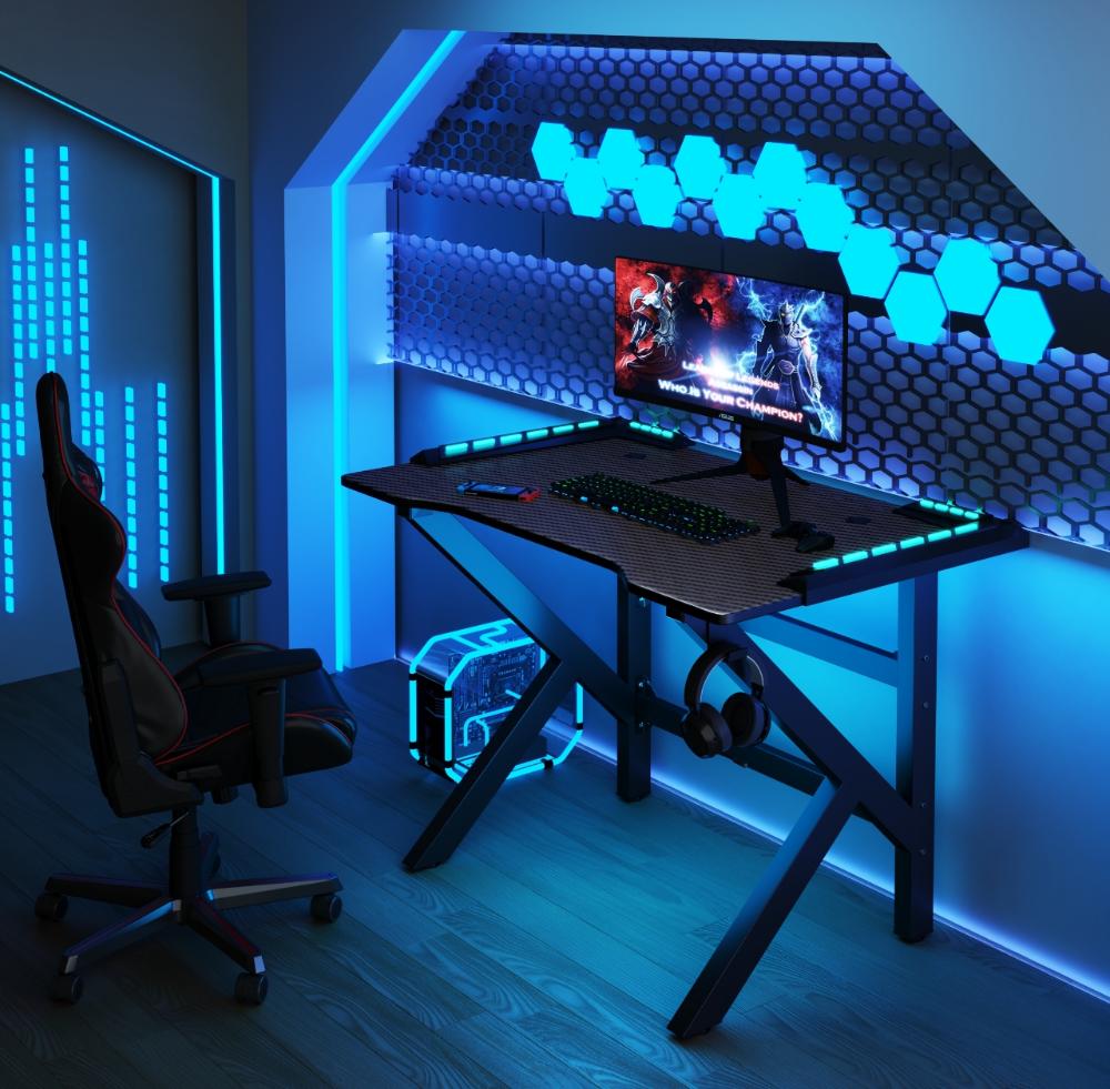 ESCRITORIO GAMER GALACTIC, NEGRO, ESTRUCTURA METALICA Y LUZ LED