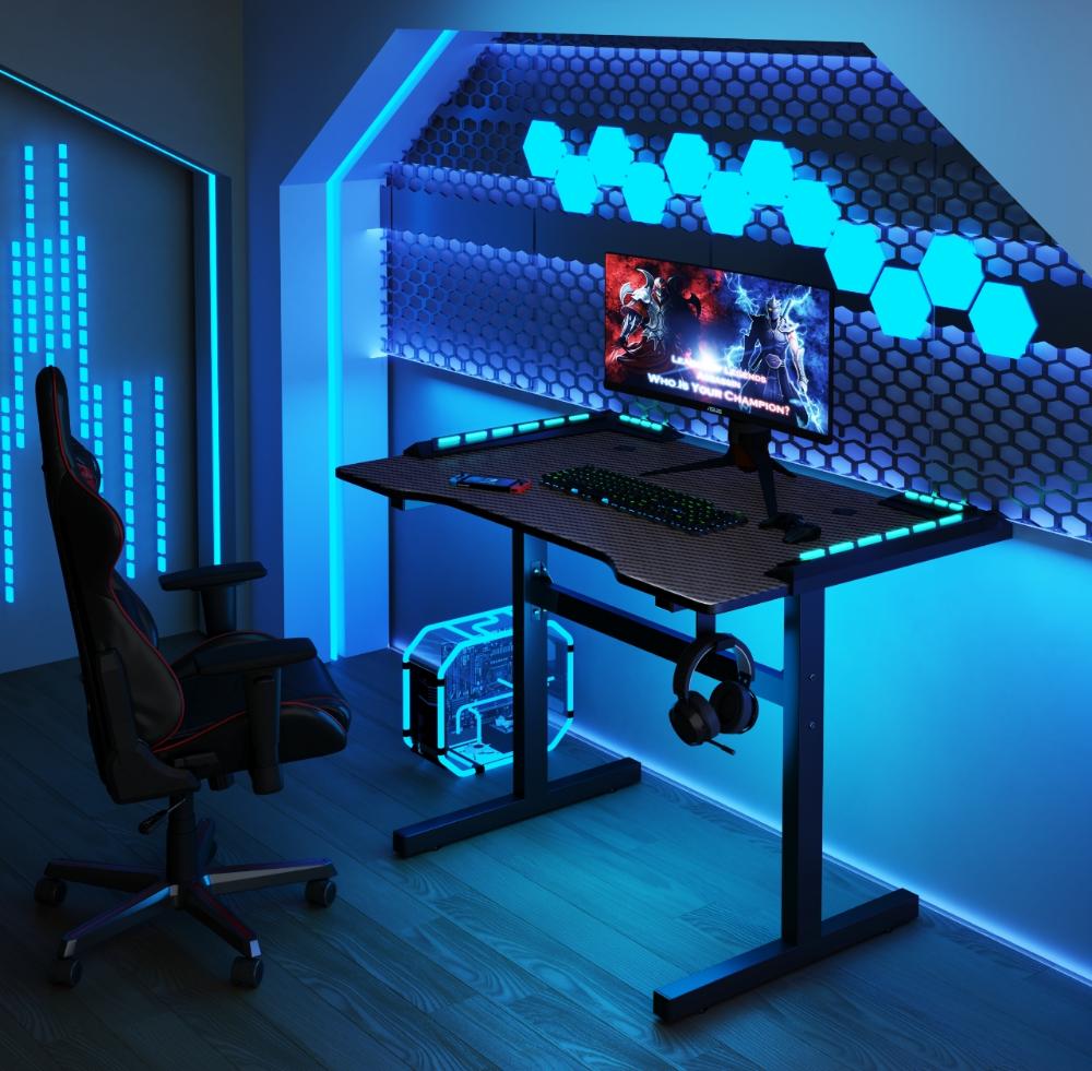 ESCRITORIO GAMER MATRIX , NEGRO, ESTRUCTURA METALICA Y LUZ LED