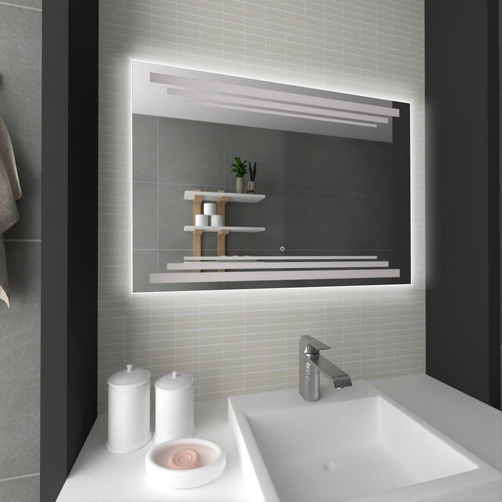 ESPEJO RECTANGULAR BARÚ, GRIS, CON LUZ LED Y BOTÓN TOUCH