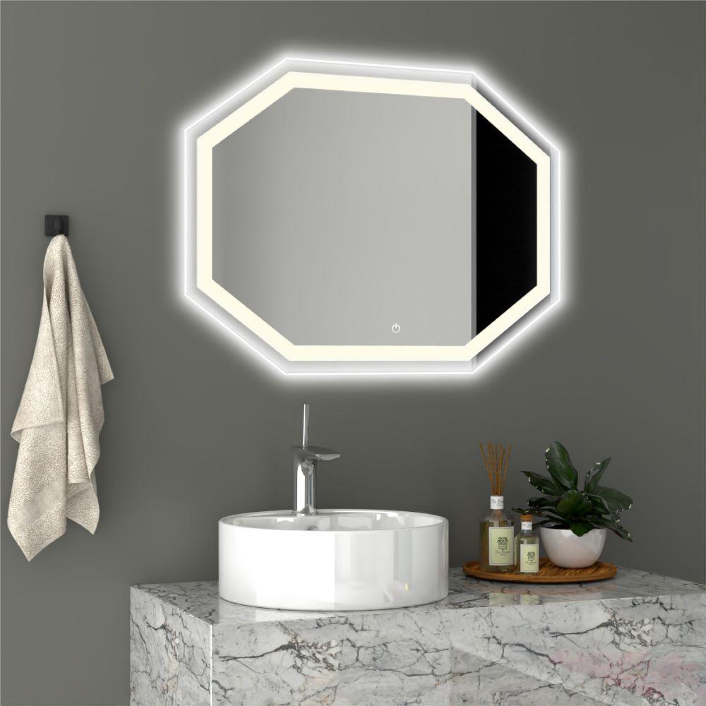 ESPEJO HEXAGONAL MIZU, GRIS, CON LUZ LED Y BOTÓN TOUCH