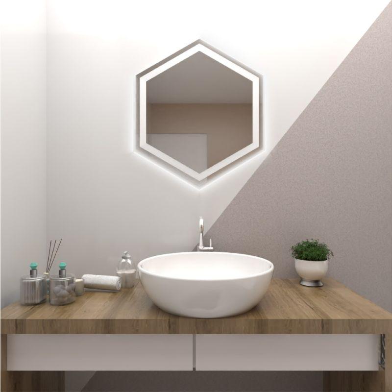 ESPEJO HEXAGONAL WOLF, GRIS, CON LUZ LED