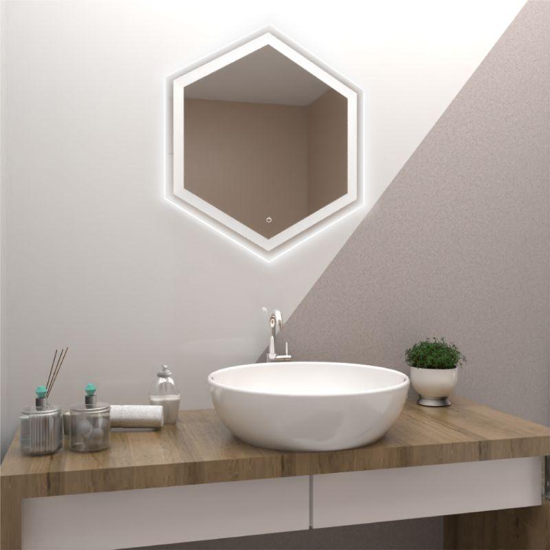 ESPEJO HEXAGONAL WOLF, GRIS, CON LUZ LED Y BOTÓN TOUCH