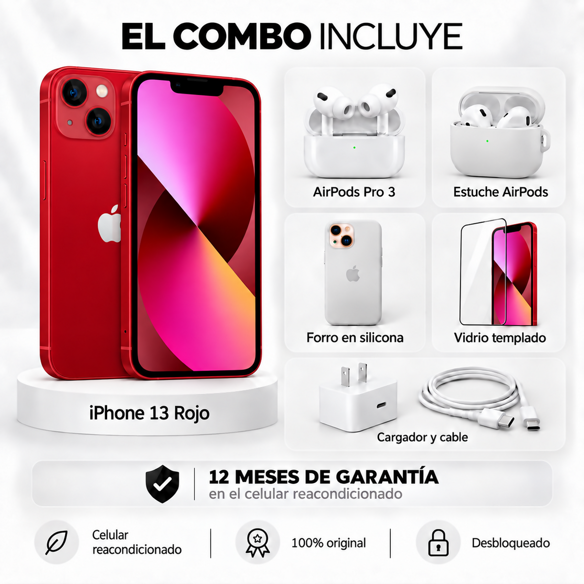 Celular Reacondicionado iPhone 13 128Gb Apple + Auriculares inalámbricos + Estuche + Forro Space + Vidrio Templado + Cargador y Cable