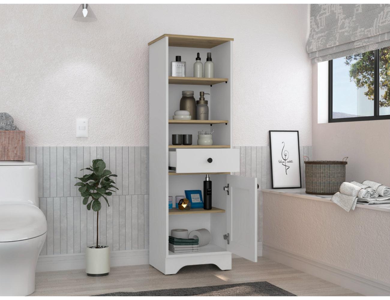 GABINETE DE BAÑO FIDEL, CAFÉ CLARO Y BLANCO, CON UNA PUERTA ABATIBLE Y UN CAJÓN