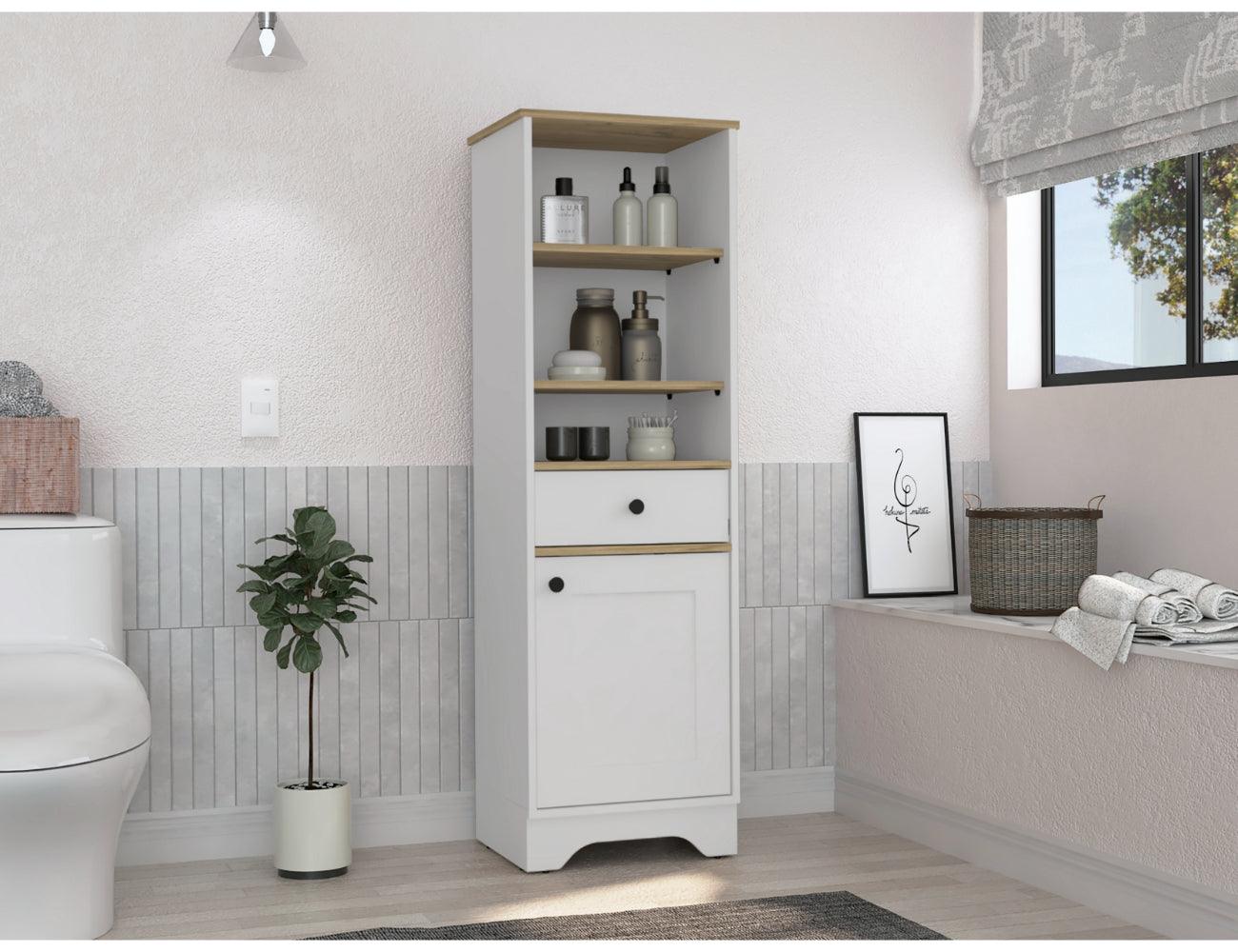 GABINETE DE BAÑO FIDEL, CAFÉ CLARO Y BLANCO, CON UNA PUERTA ABATIBLE Y UN CAJÓN