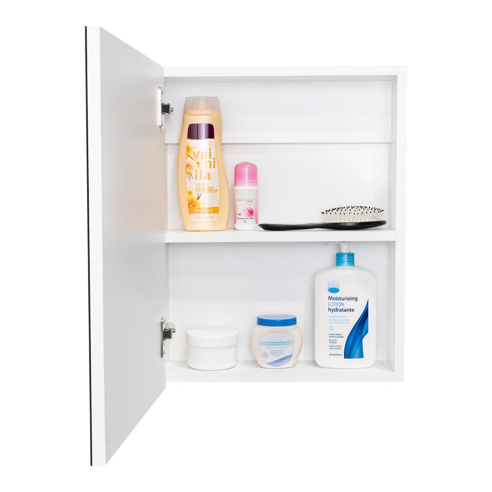 GABINETE DE BAÑO PÉRSICO, BLANCO, CON PUERTA ESPEJO Y DOS ENTREPAÑOS PARA UBICAR OBJETOS