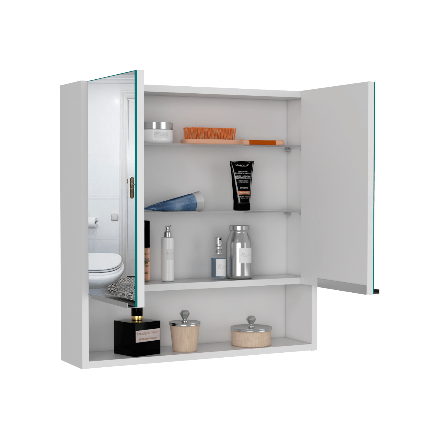 GABINETE DE BAÑO RAWANA, BLANCO, INCLUYE ESPEJO Y ENTREPAÑOS PARA GUARDAR OBJETOS DE ASEO  ZF