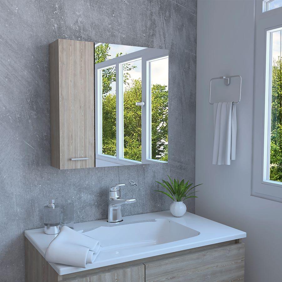 GABINETE DE BAÑO APOLIS, MIEL, CON PUERTA ESPEJO Y DOS ENTREPAÑOS PARA UBICAR MÚLTIPLES OBJETOS