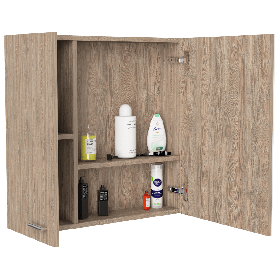 GABINETE DE BAÑO APOLIS, MIEL, CON PUERTA ESPEJO Y DOS ENTREPAÑOS PARA UBICAR MÚLTIPLES OBJETOS