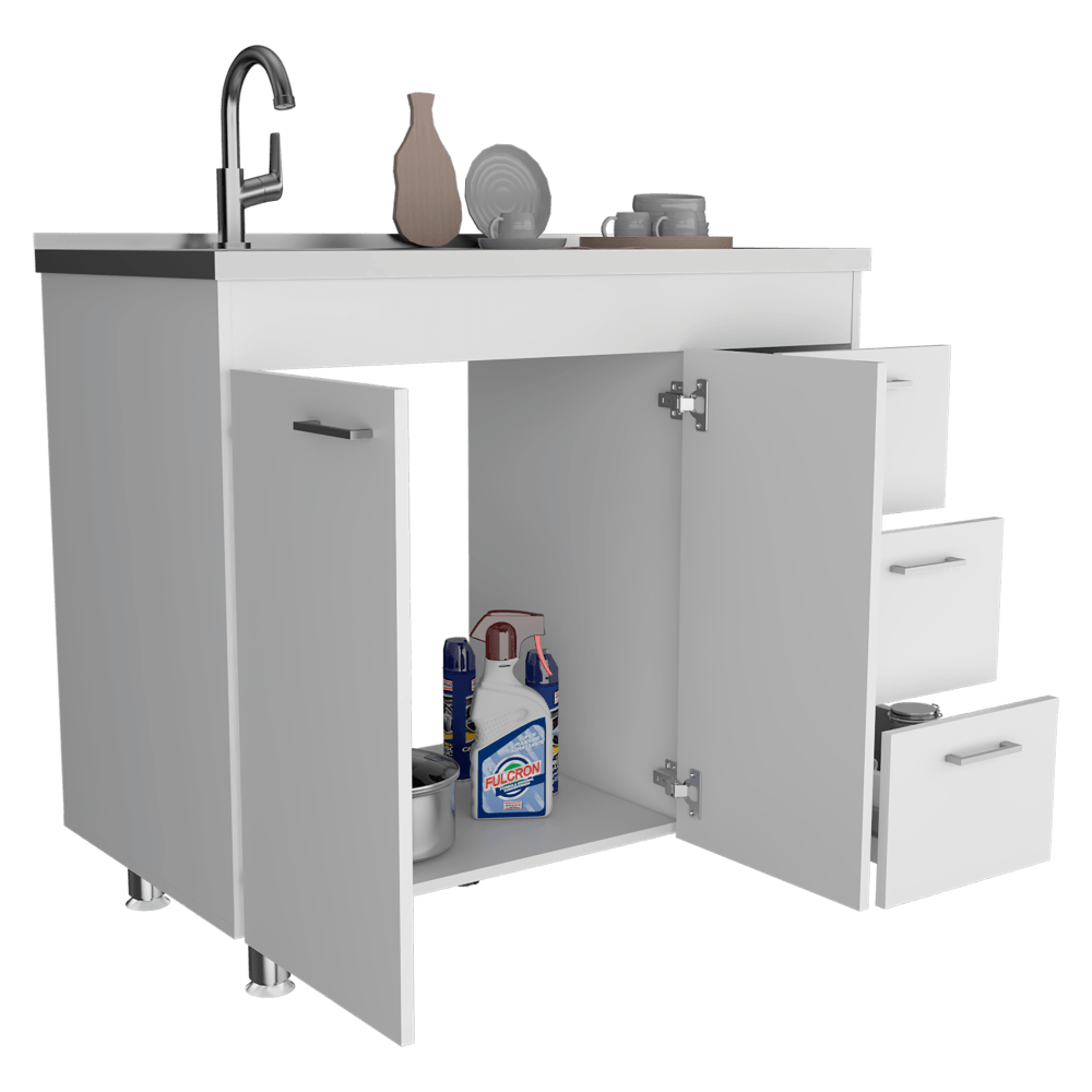 GABINETE INFERIOR STELLA, BLANCO PERLA, CON DOS PUERTAS BATIENTES Y TRES CAJONES DESLIZABLES, CON MESÓN IZQUIERDO